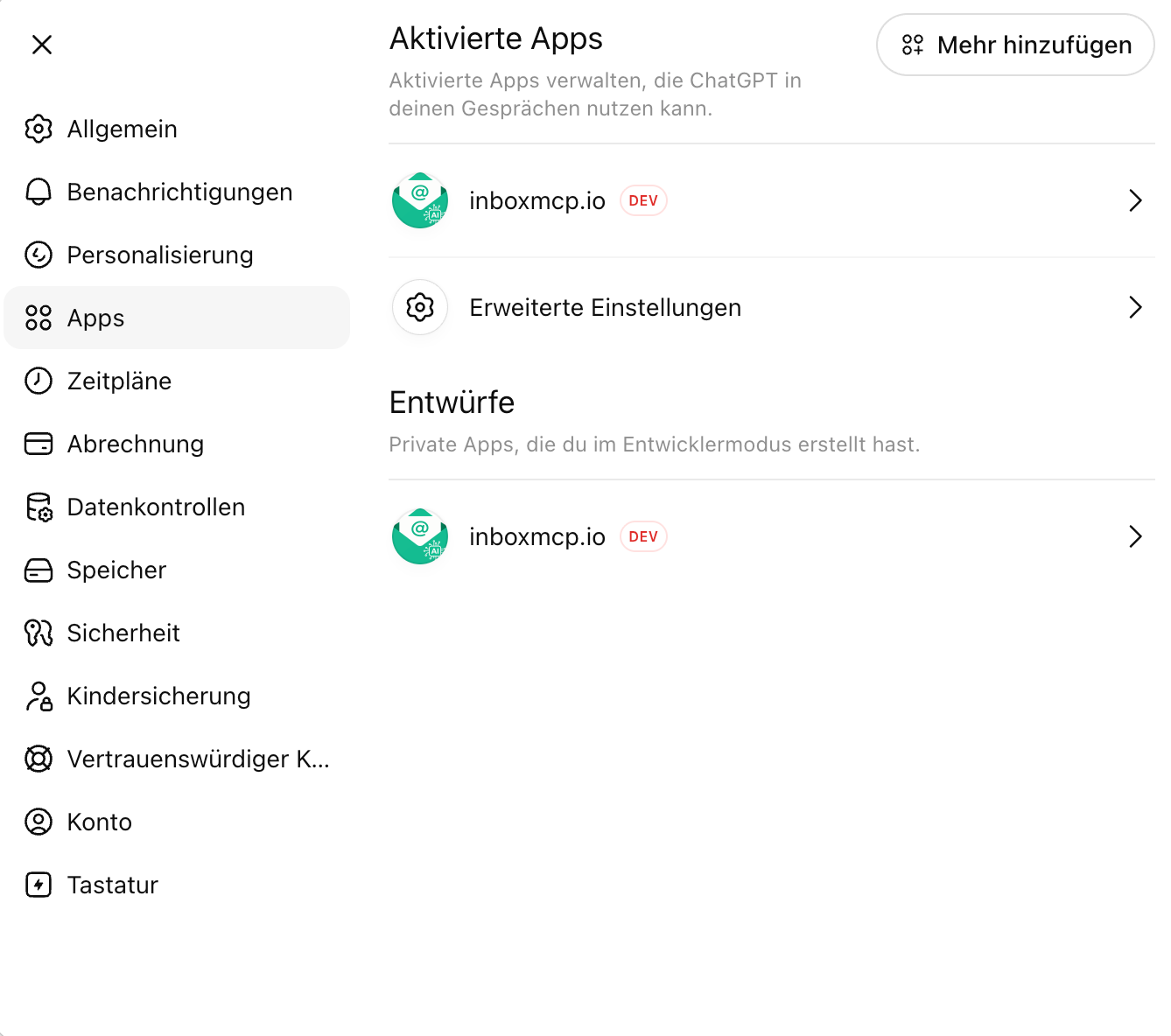 ChatGPT-Einstellungen mit ausgewähltem Bereich 'Apps'. Rechts der Punkt 'Erweiterte Einstellungen'.