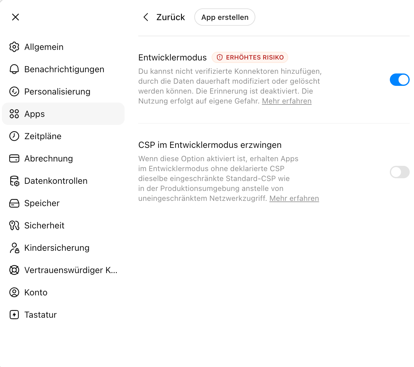 Erweiterte Einstellungen mit aktiviertem Schalter 'Entwicklermodus' und einem Warnhinweis 'Erhöhtes Risiko'.