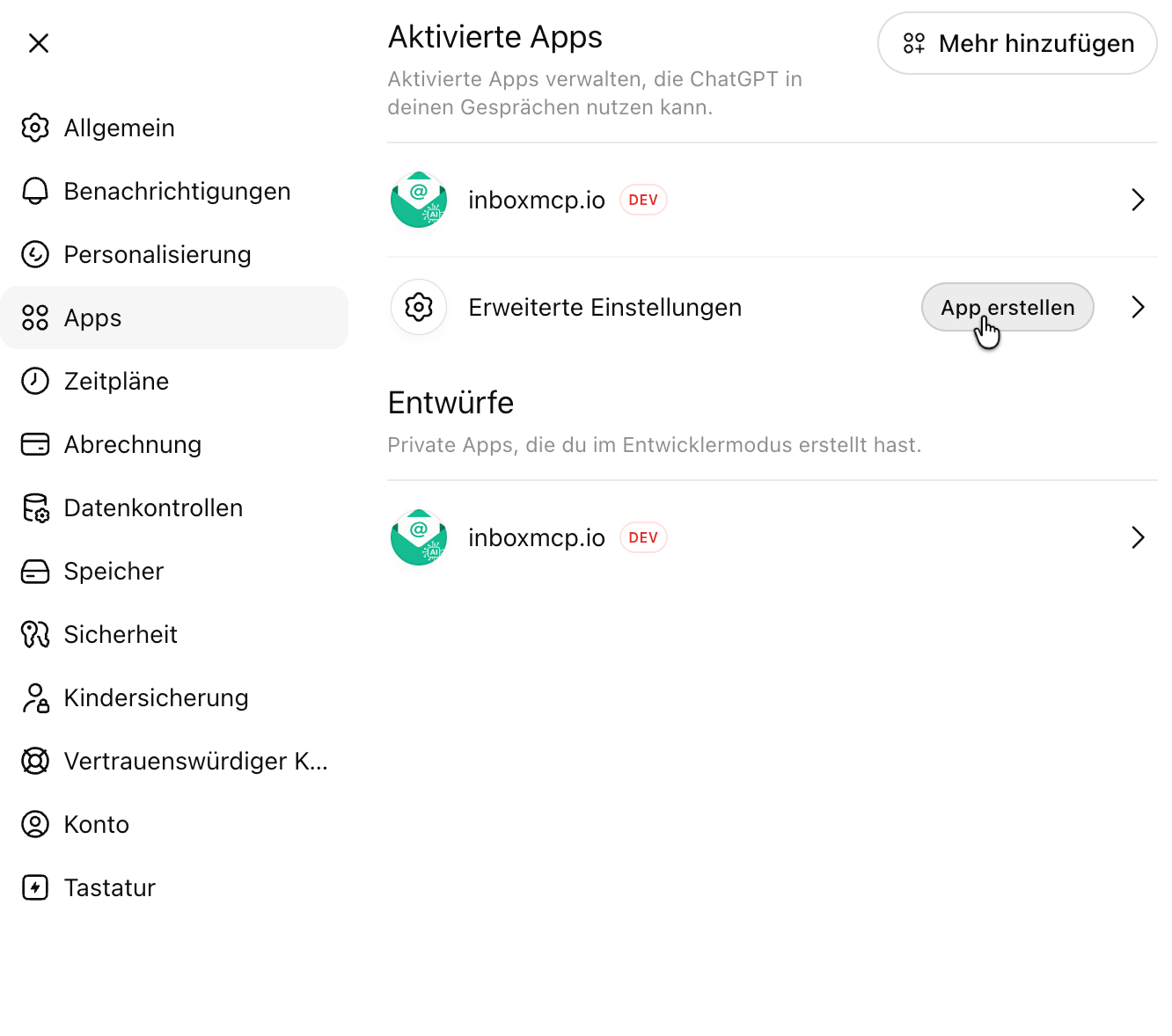 Apps-Übersicht, der Mauszeiger zeigt auf den Button 'App erstellen'.