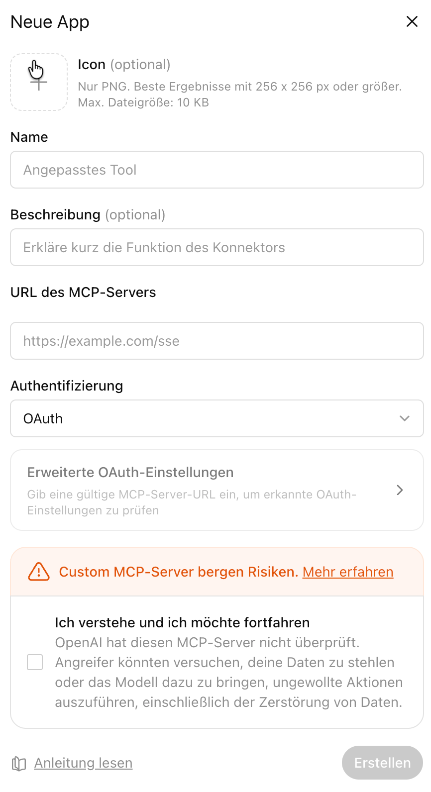 Dialog 'Neue App' mit den Feldern Name, URL des MCP-Servers und Authentifizierung. Darunter der Hinweis 'Custom MCP-Server bergen Risiken' mit Bestätigungs-Checkbox.