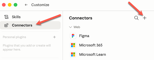 Connectors-Tab mit Plus-Button zum Hinzufügen eines neuen Connectors.