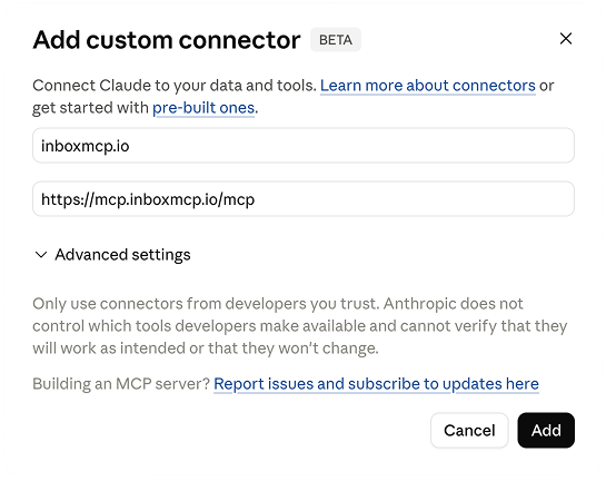 Dialog 'Add custom connector' mit dem Namen inboxmcp.io und der URL https://mcp.inboxmcp.io/mcp.